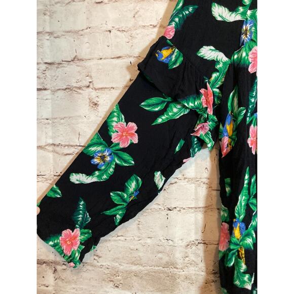 Old Navy Babydoll Top Womens XL Black Tropical Floral Balloon Sleeve Ruffle - Picture 14 of 14